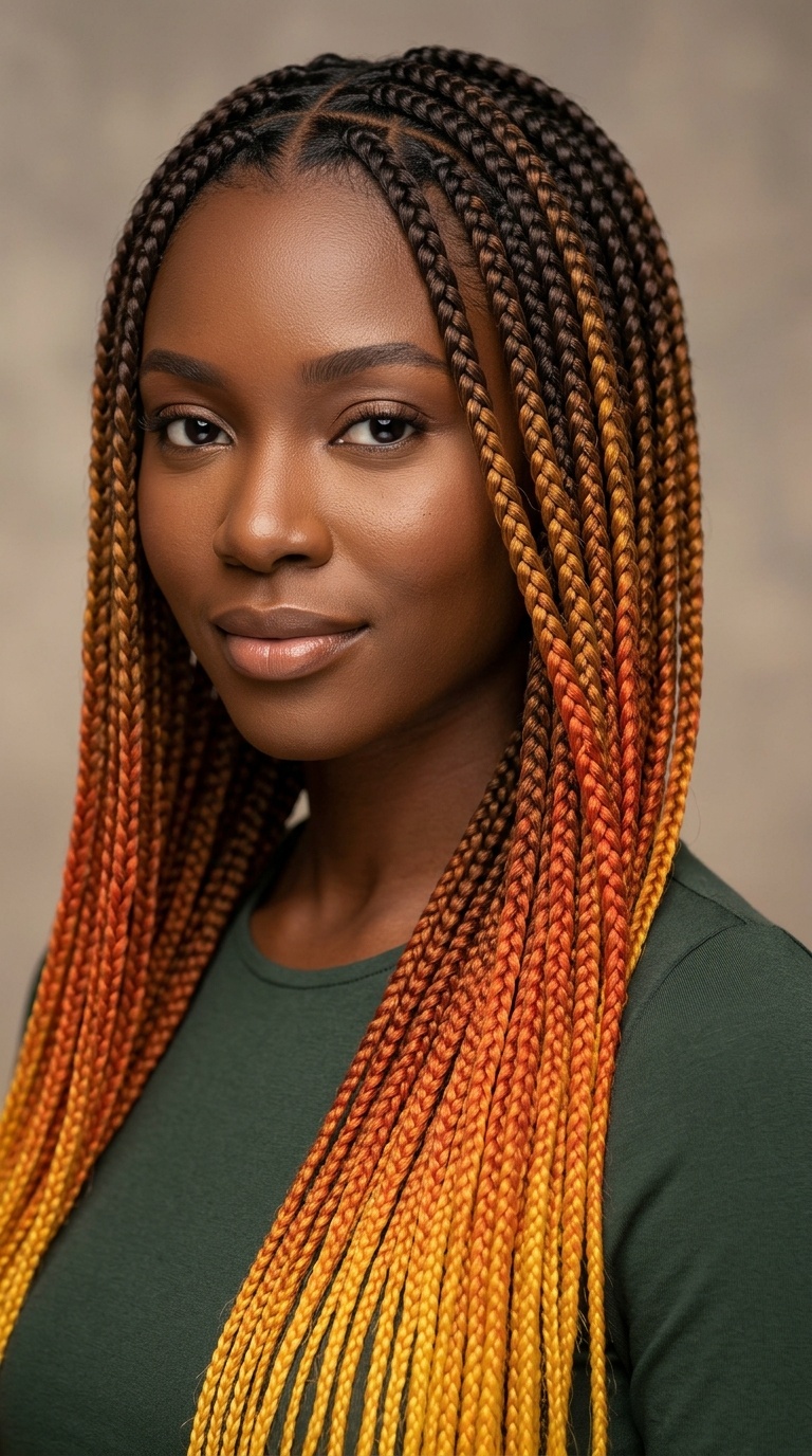 Thigh-Length Ombré Sunset Knotless Braids