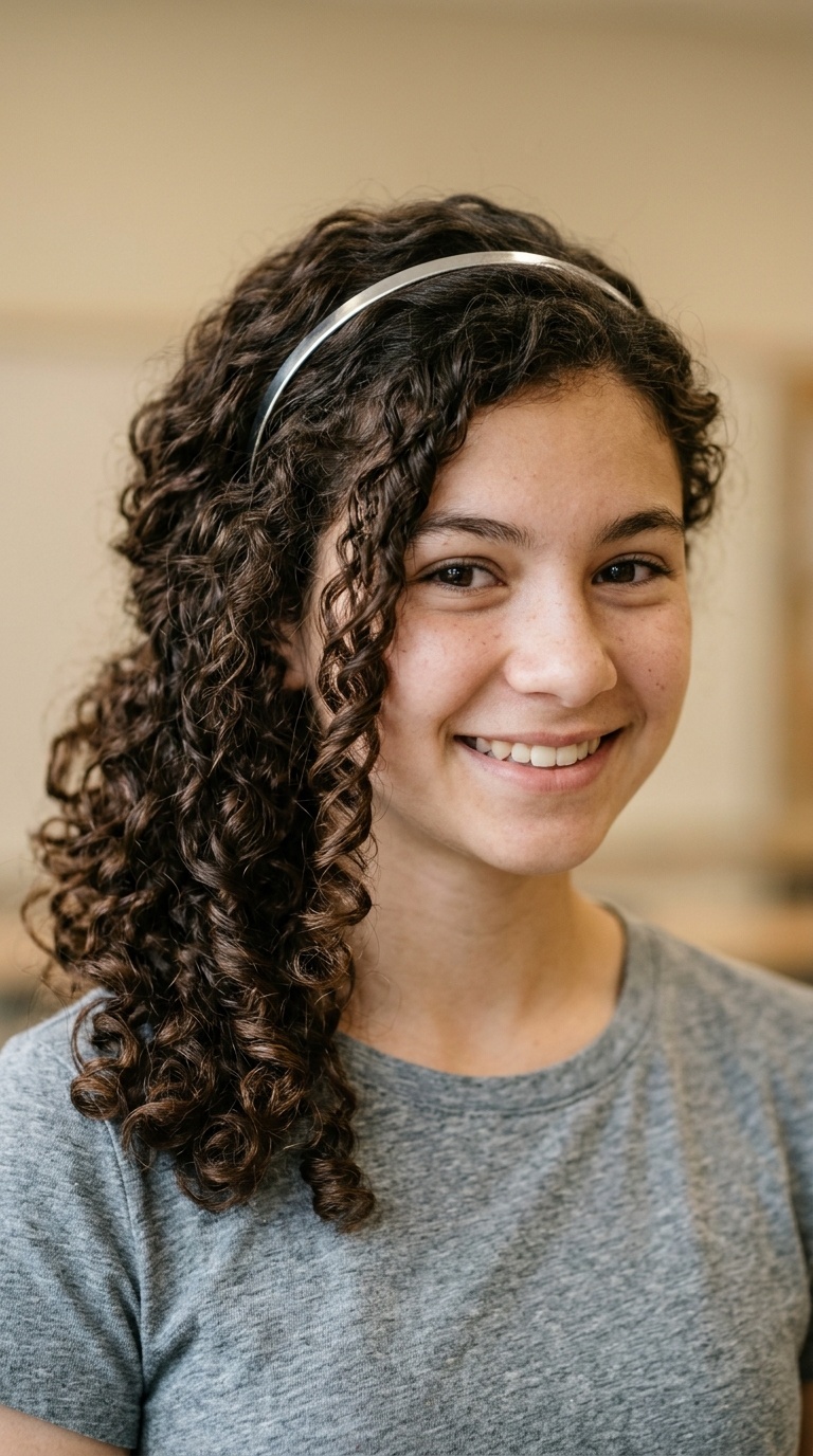 Thin Metallic Band with Side-Swept Curls