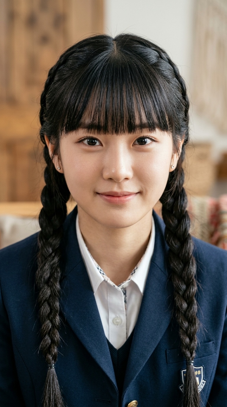 Tight French Braids with Blunt Bangs