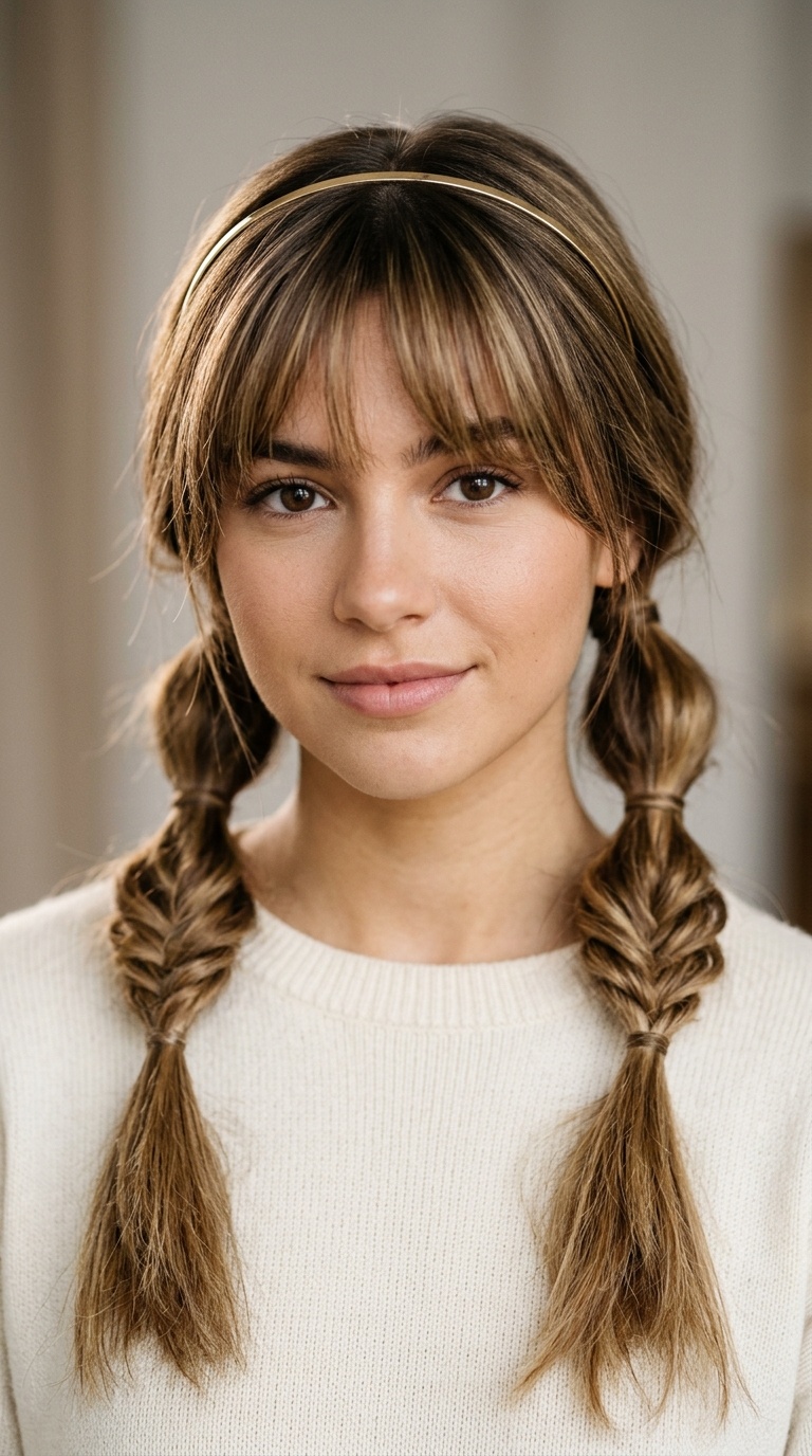 Topsy-Tail Pigtails with Bardot Bangs and Thin Metal Headband