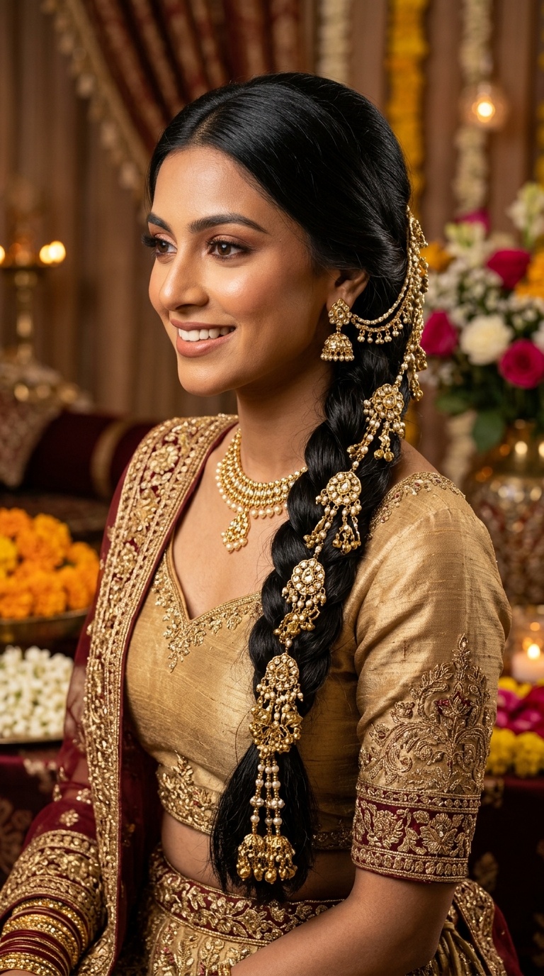 Traditional Long Braid with Gold Parandi
