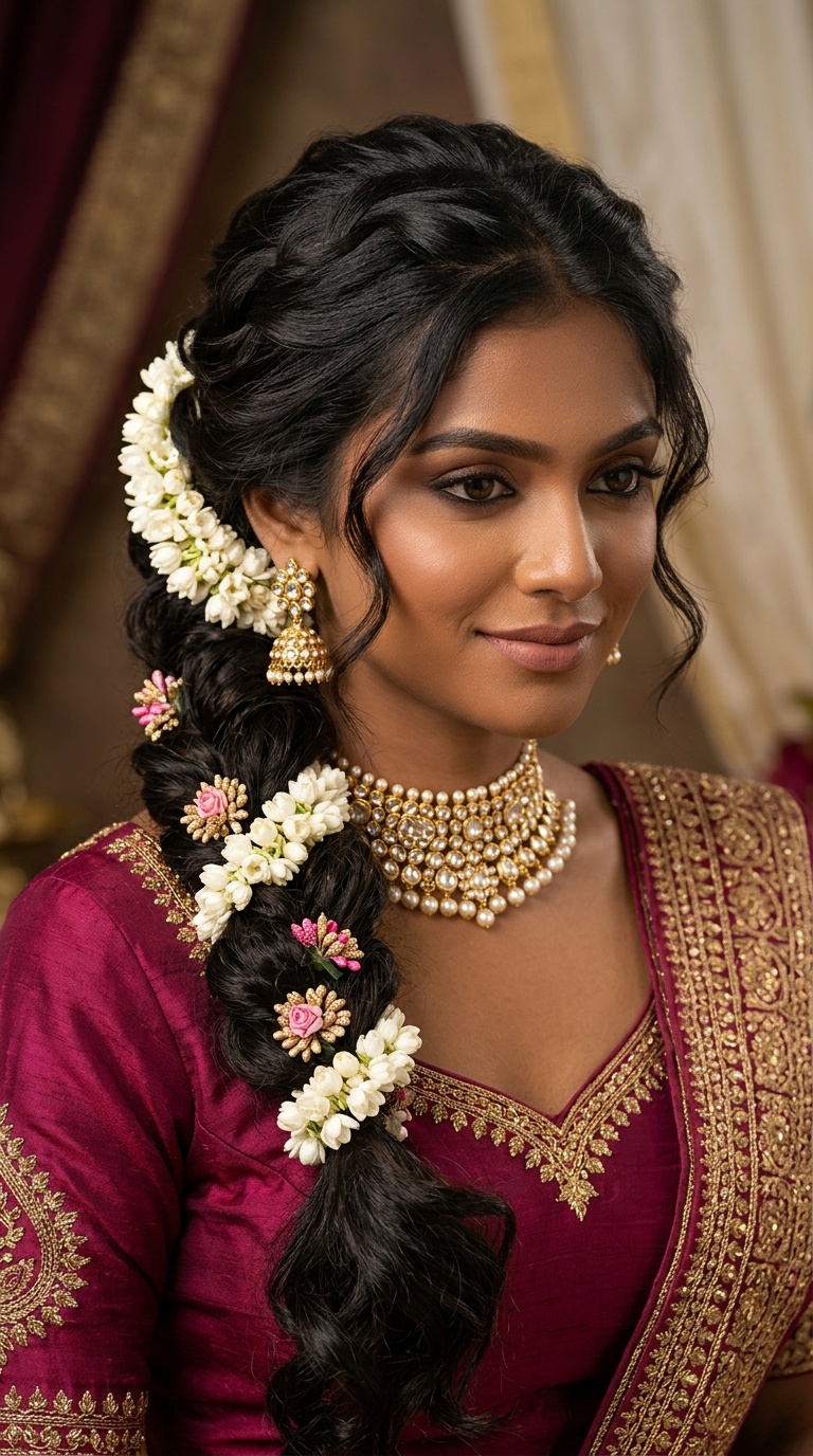Traditional Messy Braid with Fresh Gajras