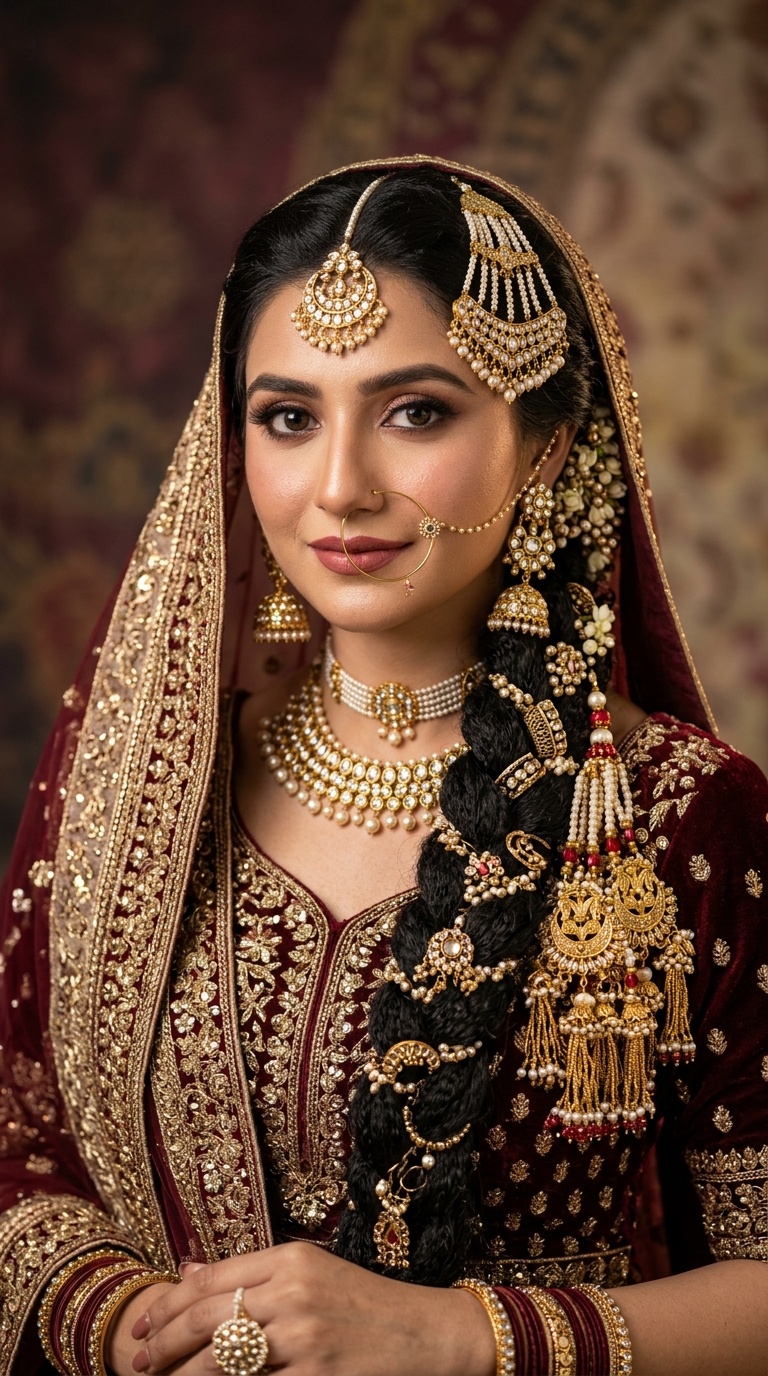 Traditional South Asian Plait with Heavy Jewelry