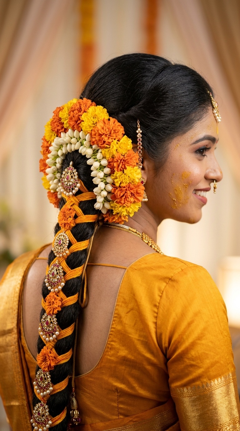 Traditional South Indian Jada with Marigolds