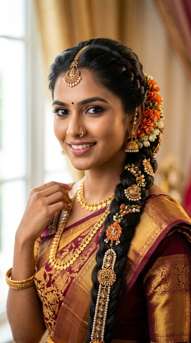 Traditional South Indian Jadai with Gold Accents