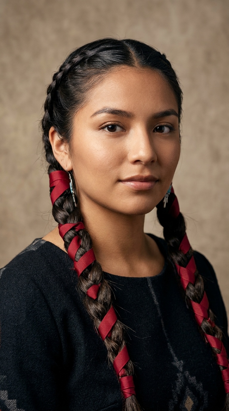 Traditional Twin Braids with Red Ribbons