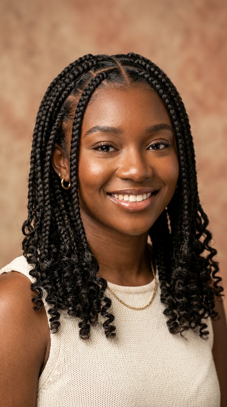 Triangle Parted Box Braids with Curly Tips