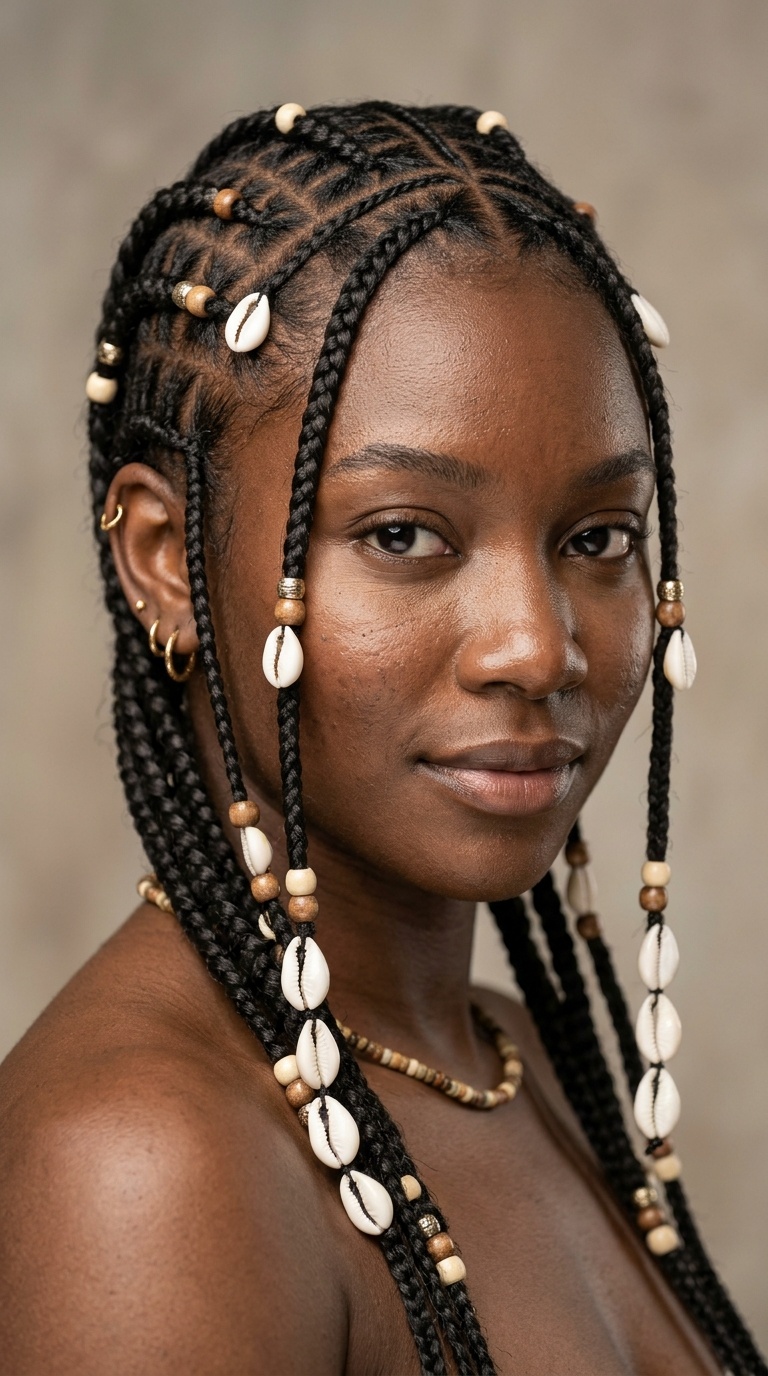 Tribal Feed-in Braids with Cowrie Shells