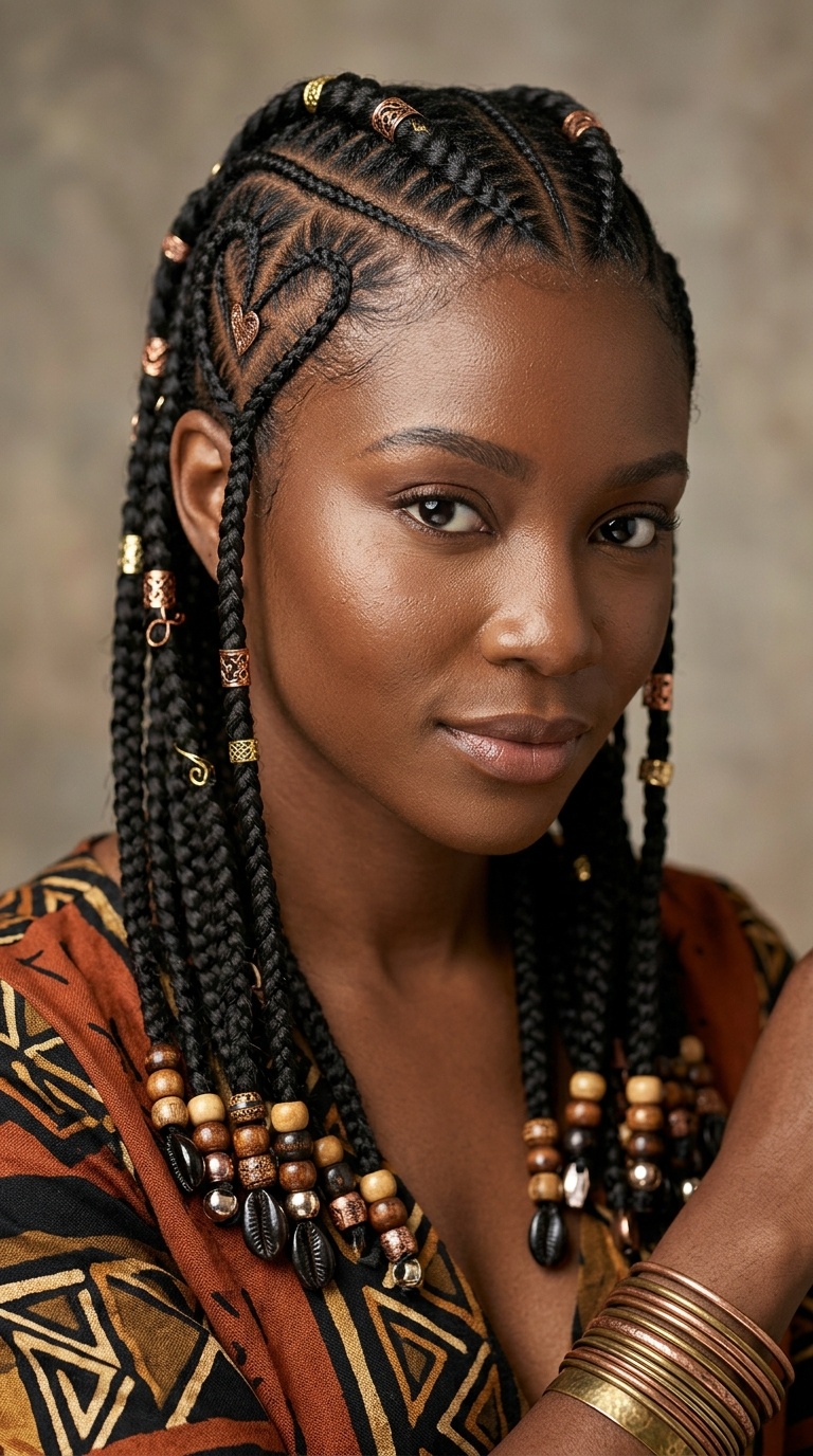 Tribal Feed-in Braids with Heart Accents