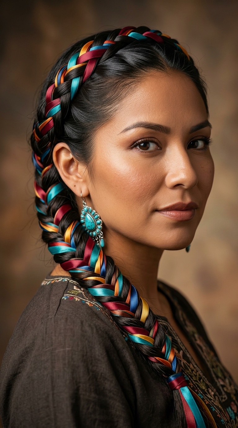 Tribal Fishtail Braid with Multi-Color Ribbons