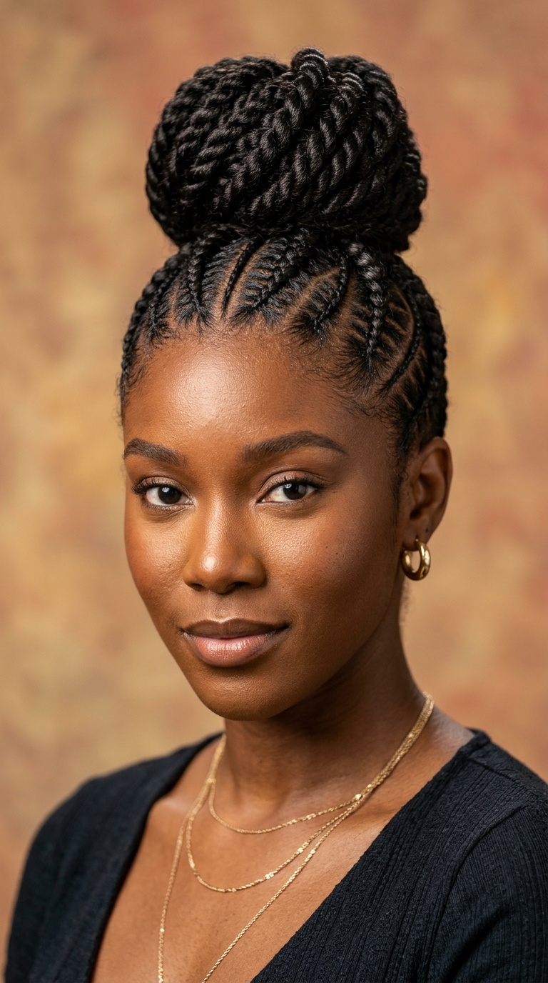Tribal Patterned Cornrows with a Twisted Bun