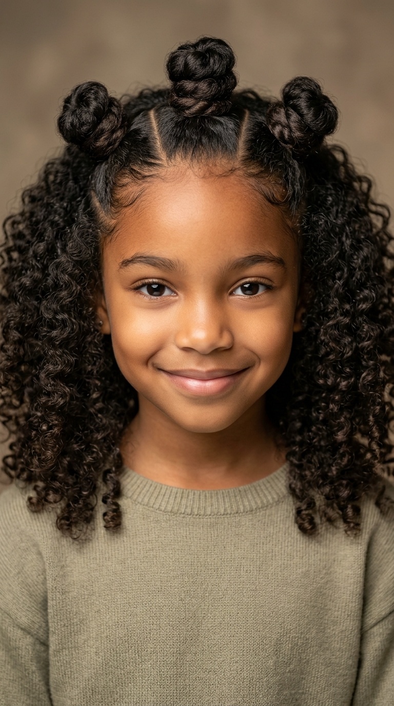 Triple Bantu Knot Front with Loose Curls