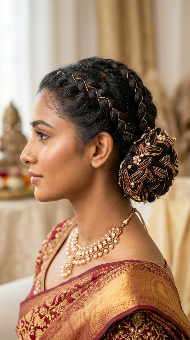 Triple-Braided Low Bun with Metallic Thread