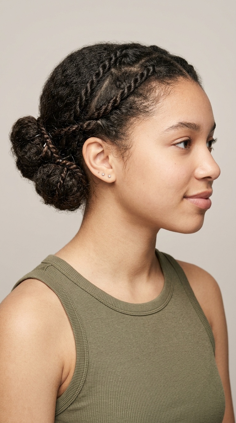 Triple Low Bun with Twisted Braids