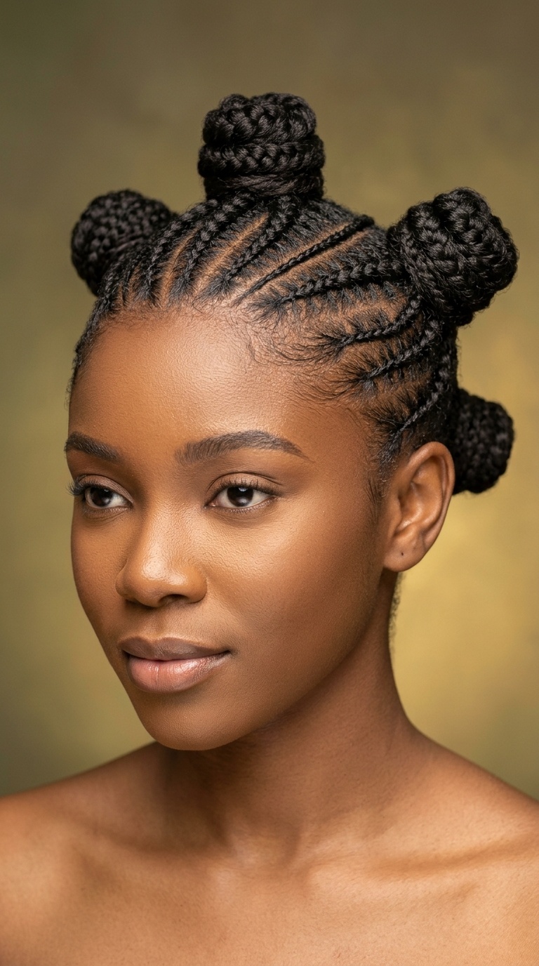 Triple-Parted Bun Cornrows