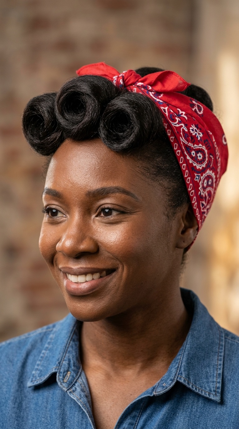 Triple Victory Rolls with Floral Bandana Accent
