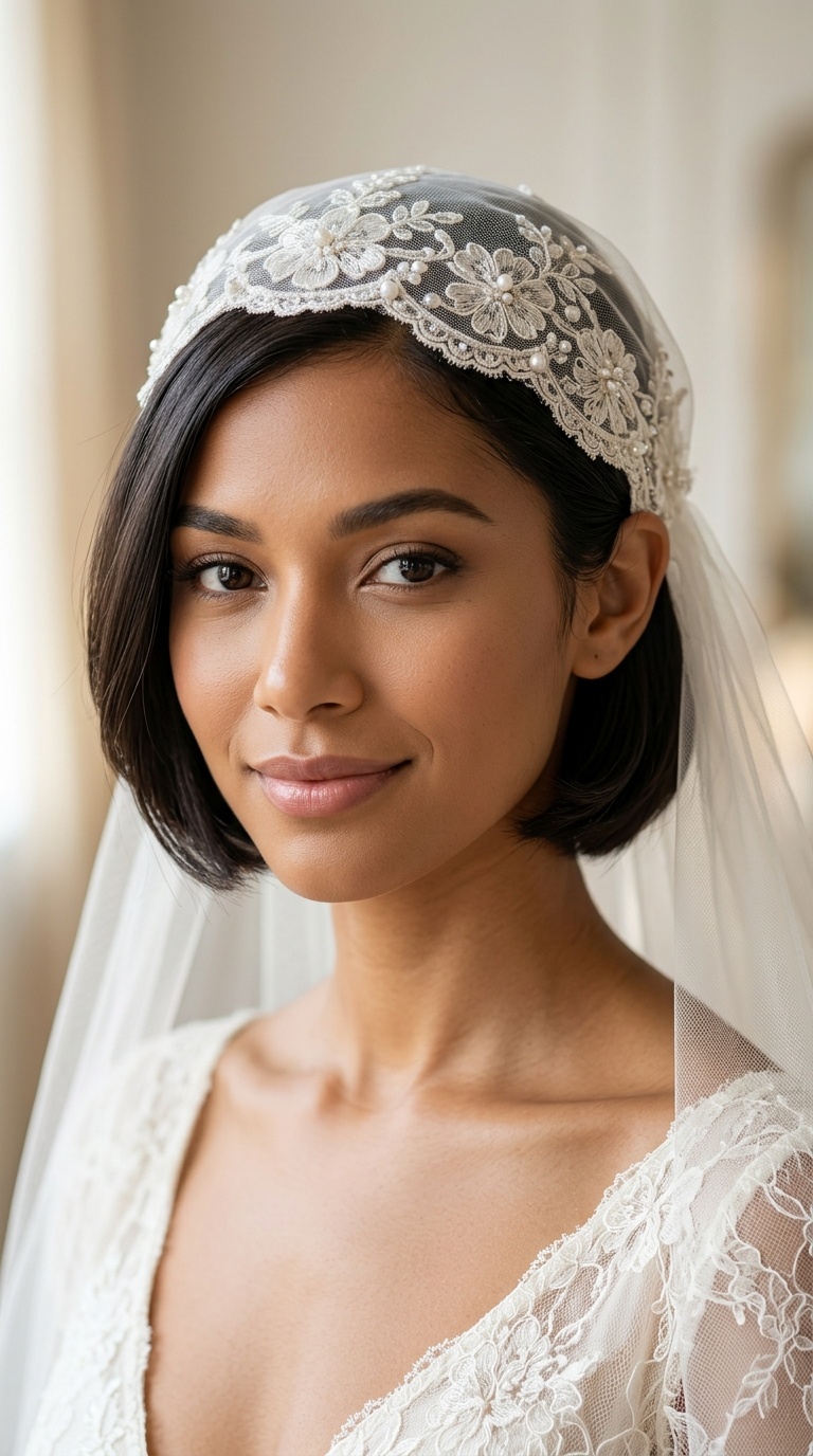 Tucked-Behind-Ear Bob with Juliet Cap Veil