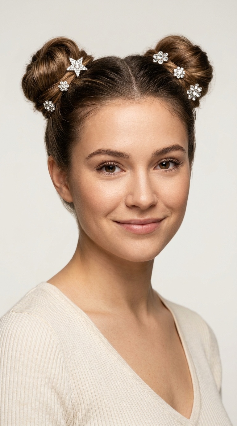Tucked-Under Buns with Sparkly Hair Sliders