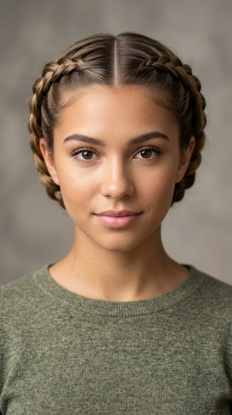 Tucked-Under Parted Milkmaid Braids