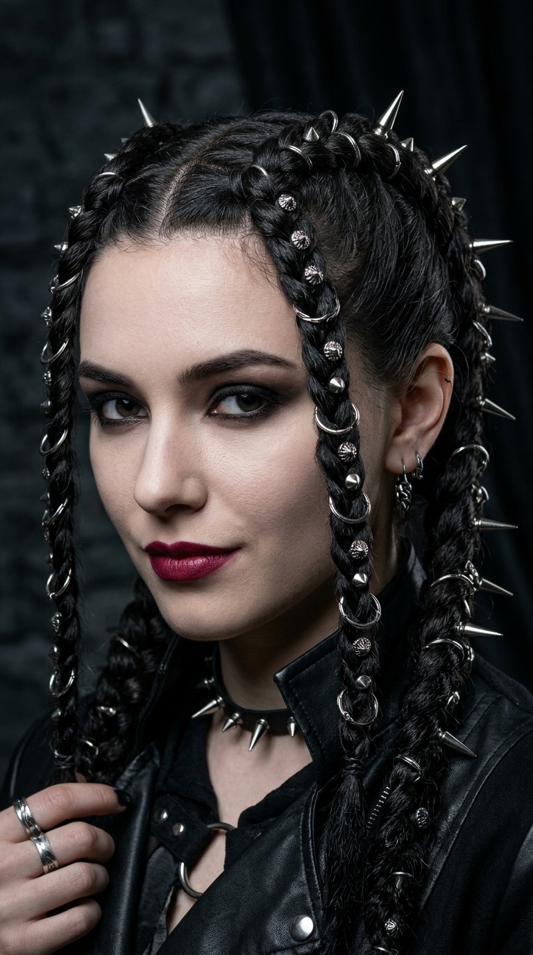 Twin Braids with Metal Rings and Spikes