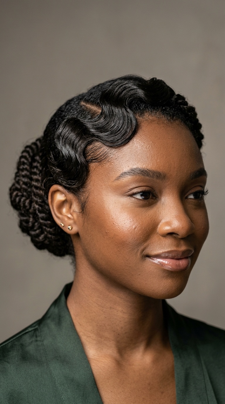 Twisted Bun with Finger Wave Swoop
