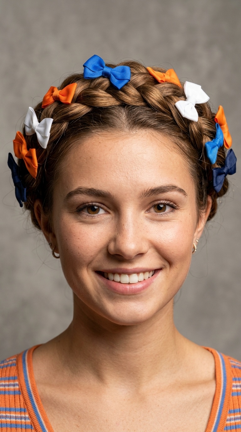Twisted Crown Braids with Multi-Colored Bows
