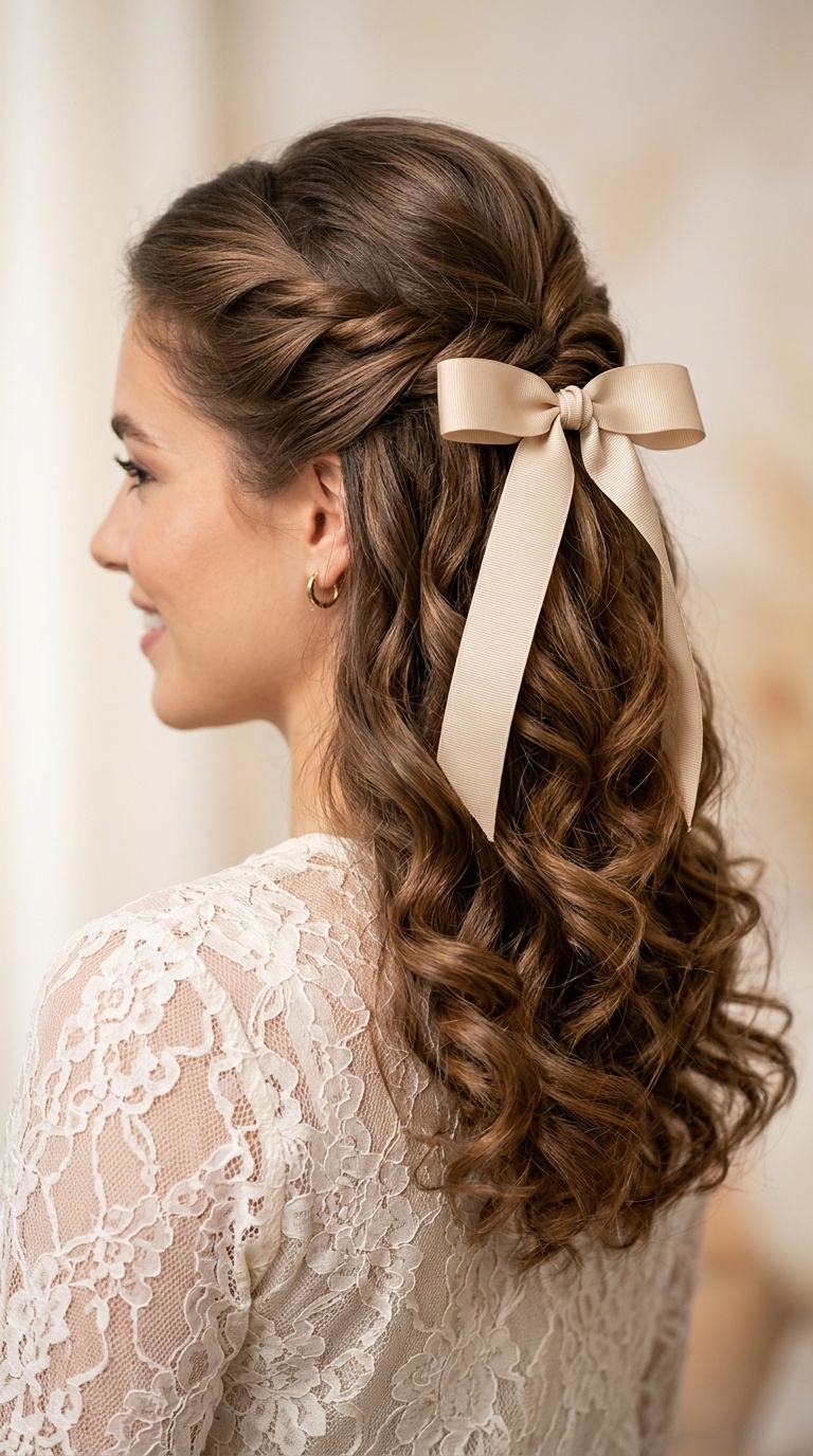 Twisted Half-Up Style with Draped Ribbon