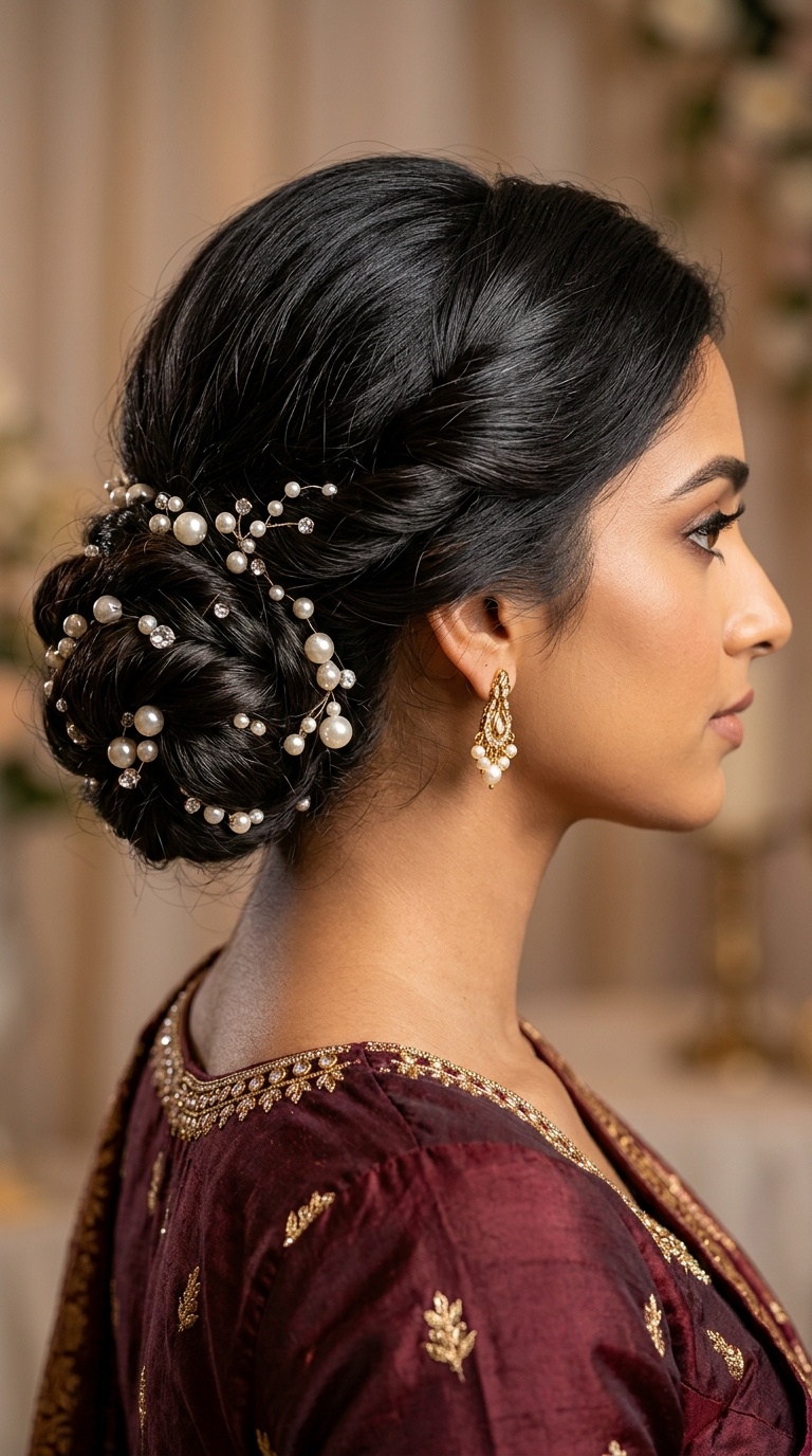 Twisted Low Bun with Pearl Accents