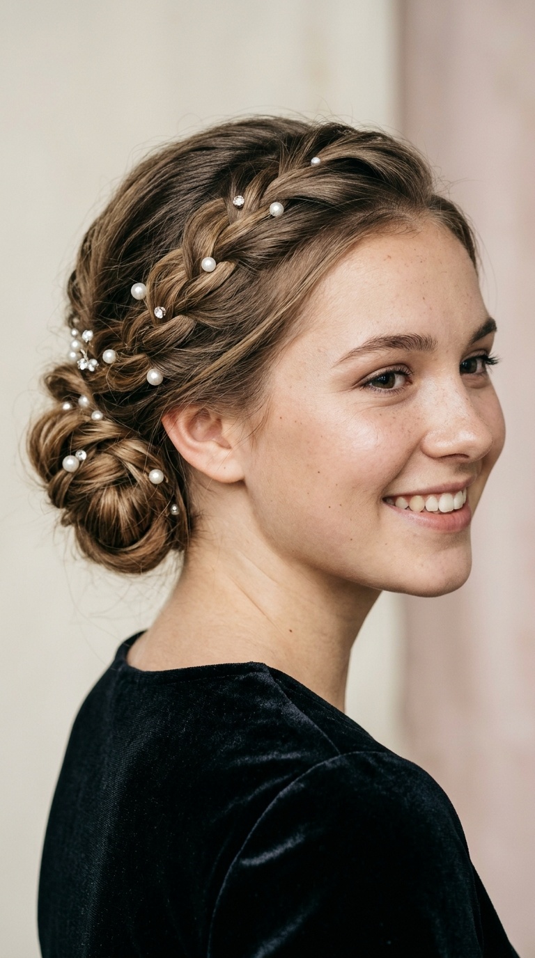 Twisted Low Bun with Pearl Details