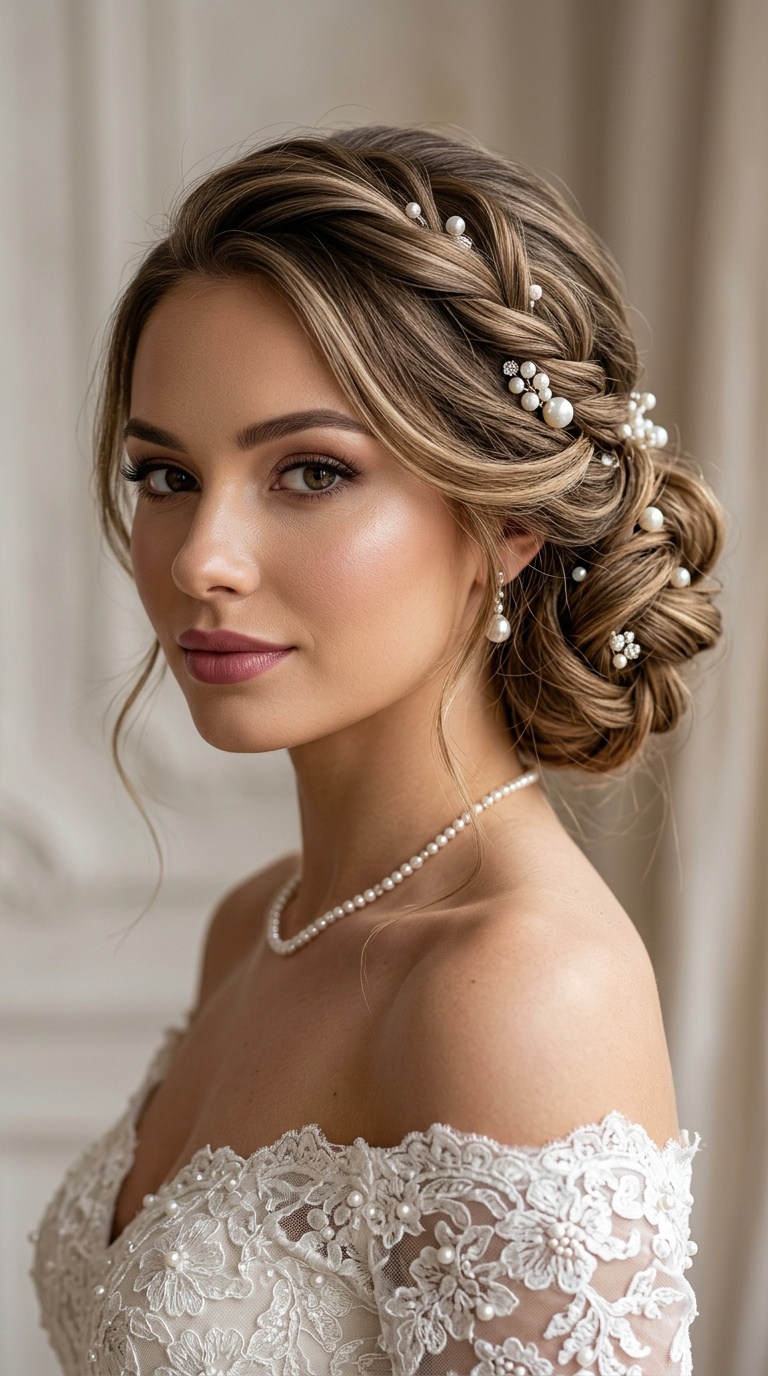 Twisted Low Chignon with Pearl Accents