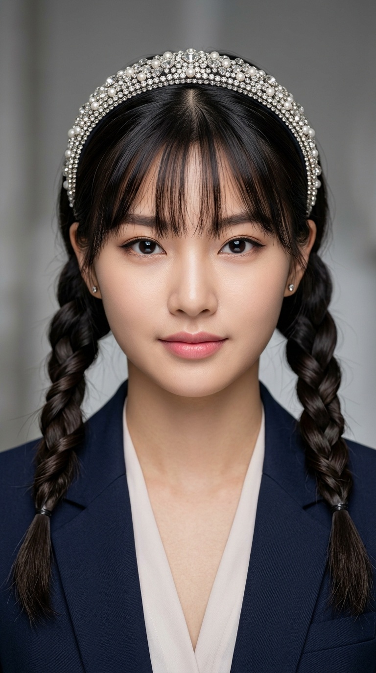 Twisted Pigtails with Birkin Bangs and Jewel-Encrusted Headband