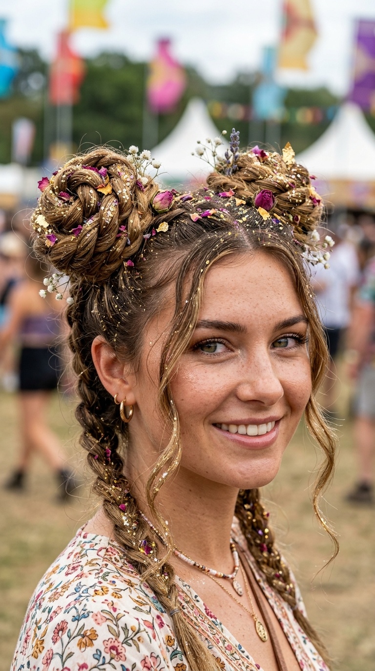 Twisted Rose Buns with Floral Glitter