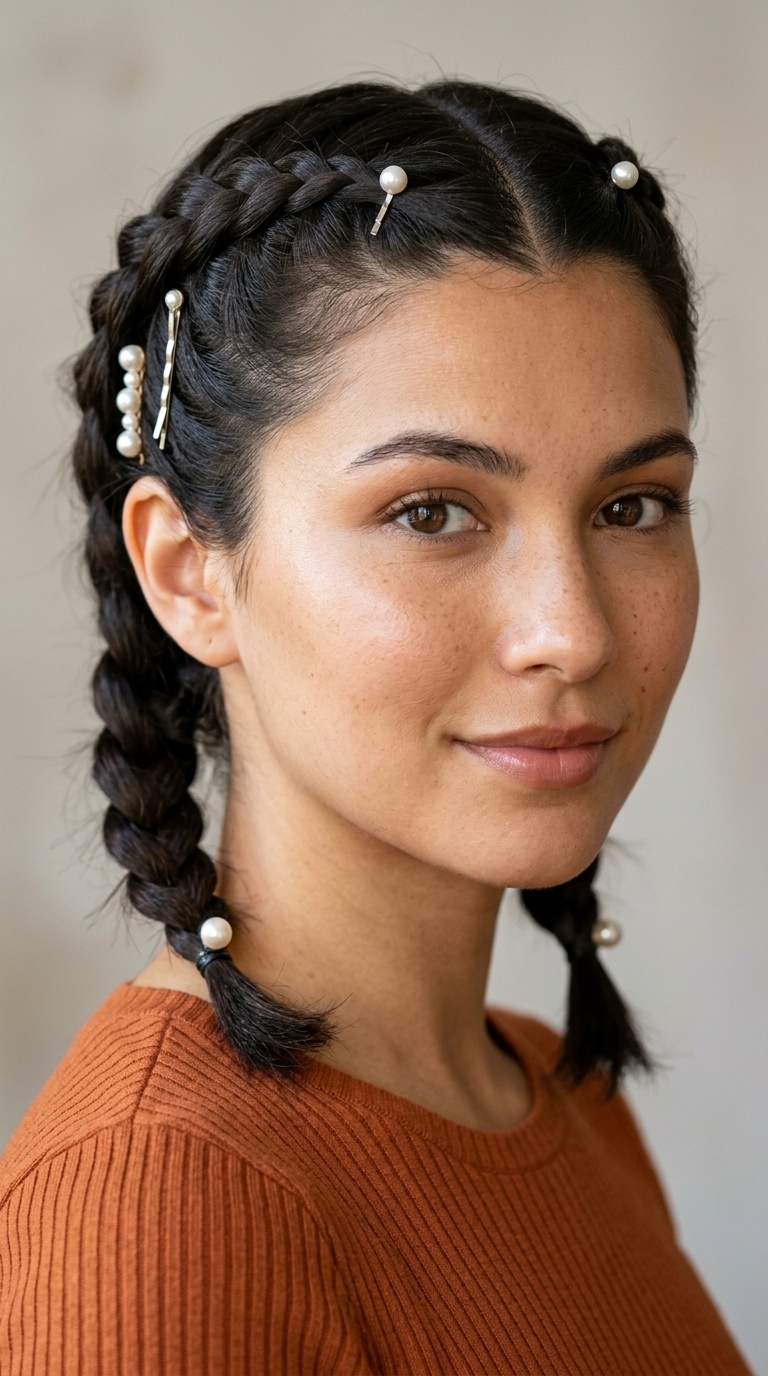 Two Braids with Exposed Bobby Pins