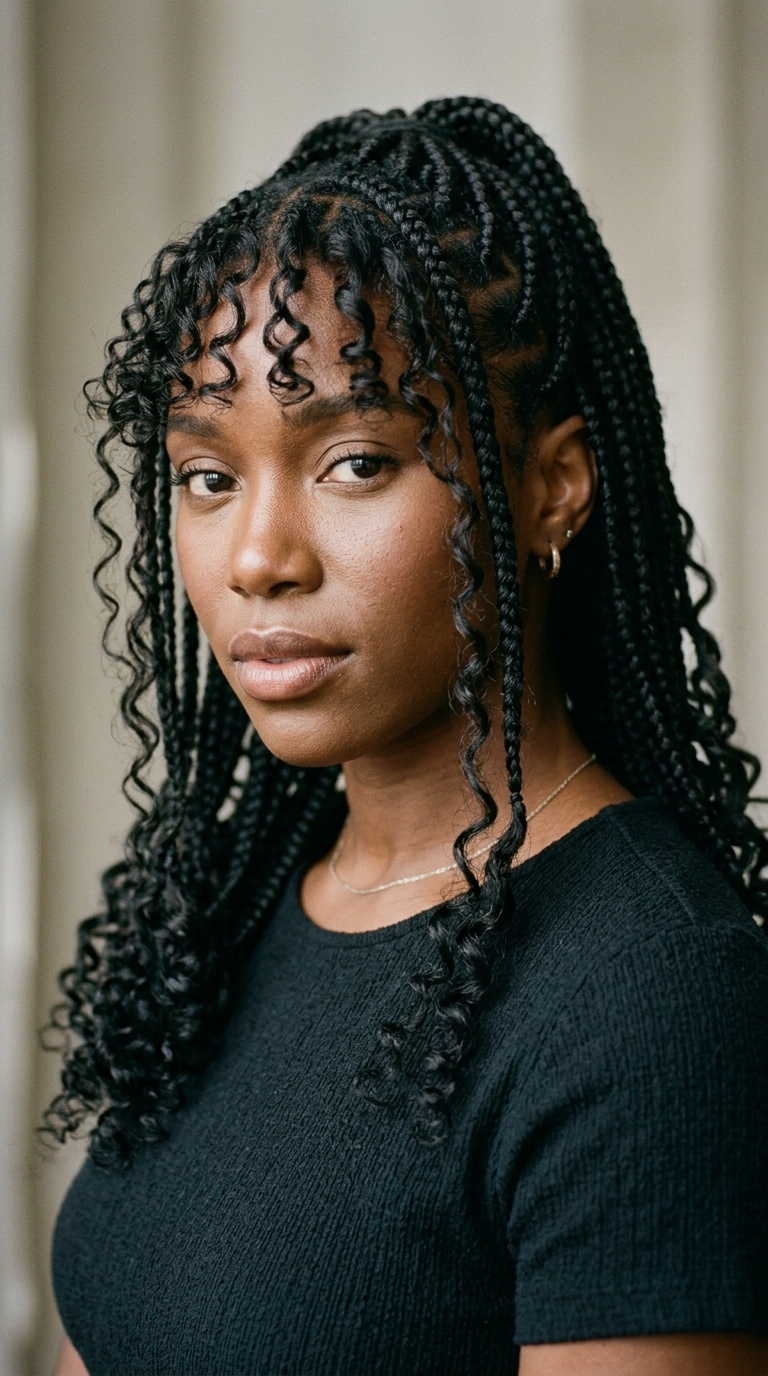 Two-Stitch Braids with Curly Bang Extensions