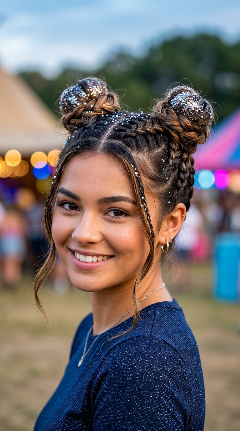 Upside-Down Braided Space Buns with Glitter Tips