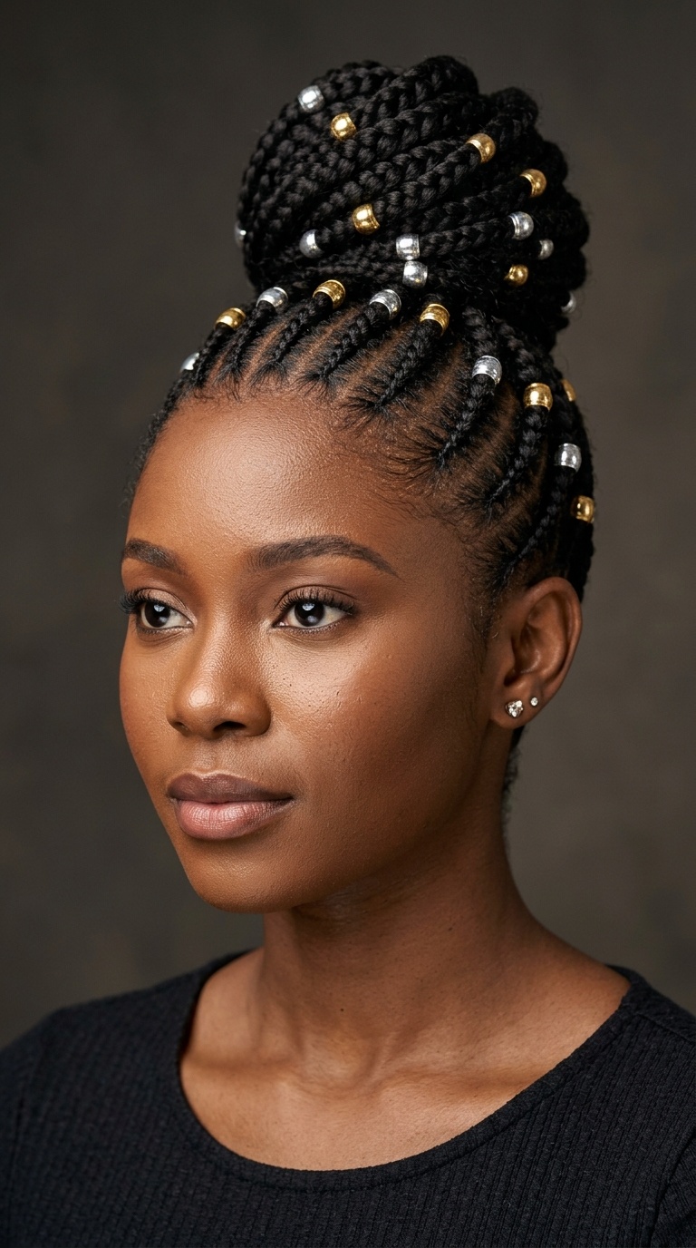 Vertical Cornrow Bun with Metallic Beads