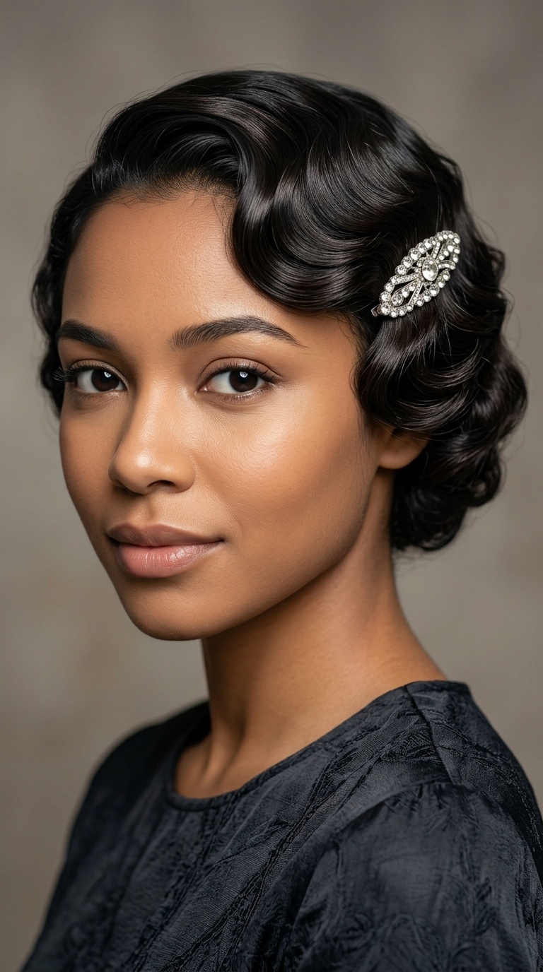 Vintage Deep Waves with Rhinestone Barrette