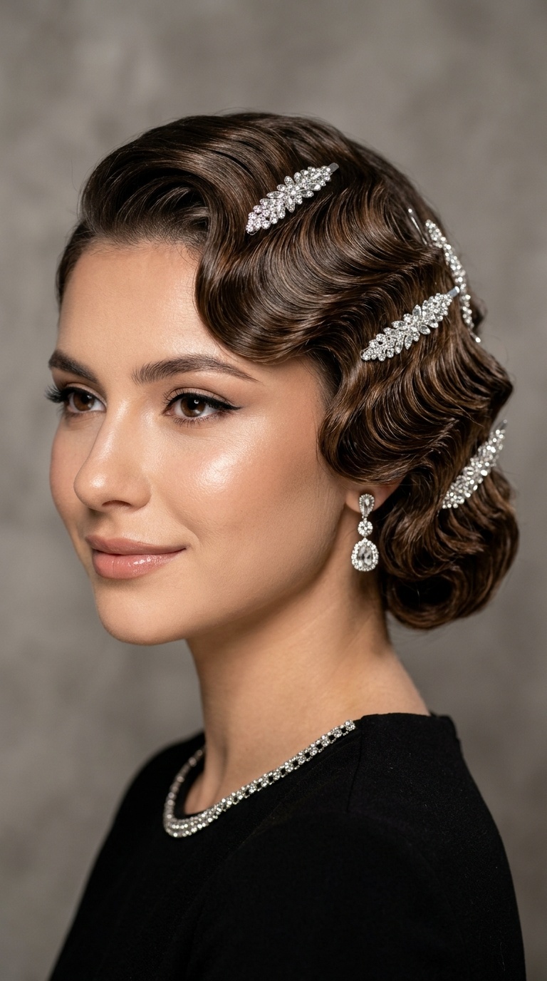 Vintage Finger Waves with Crystal Clips