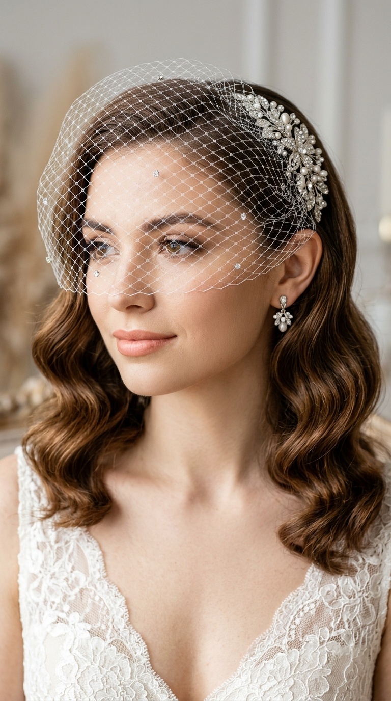 Vintage-Inspired Waves with a Birdcage Veil