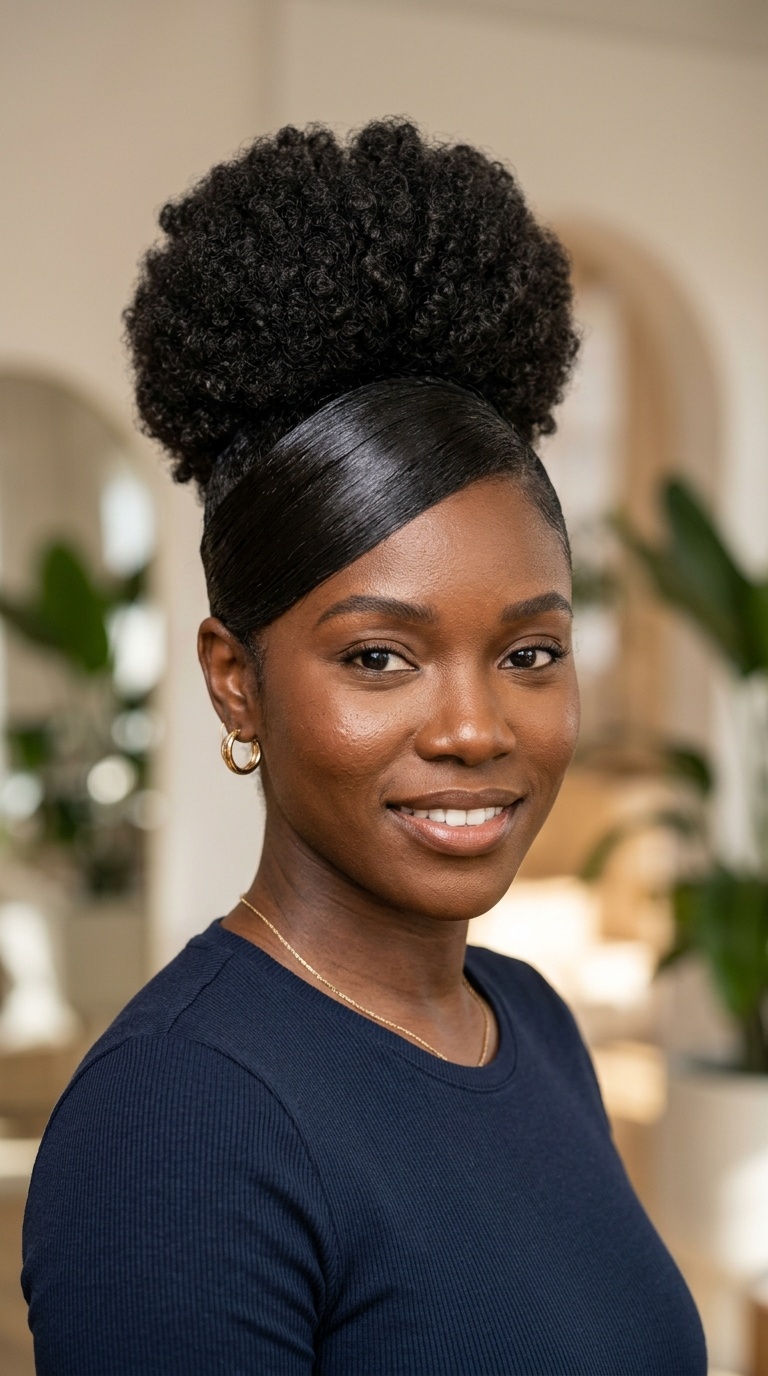 Voluminous Afro Bun with Stretched Swoop