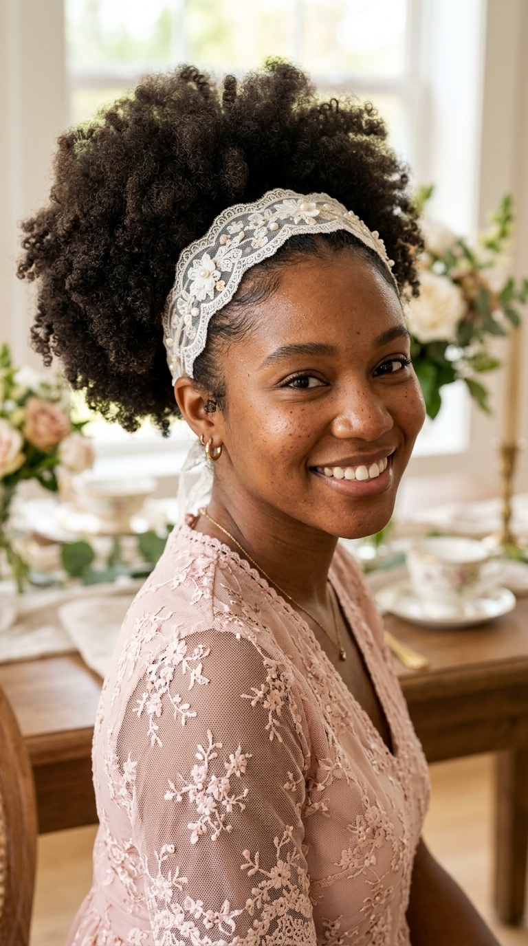 Voluminous Afro Puff with a Lace Headband