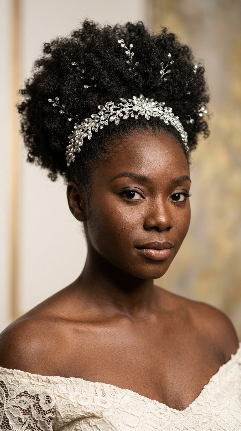 Voluminous Afro Puff with Crystal Headpiece