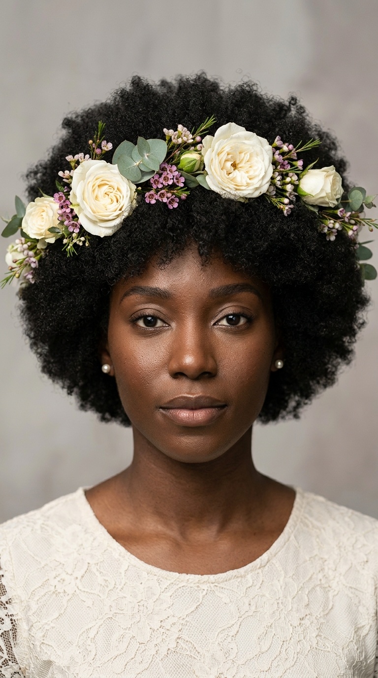 Voluminous Afro with a Floral Crown