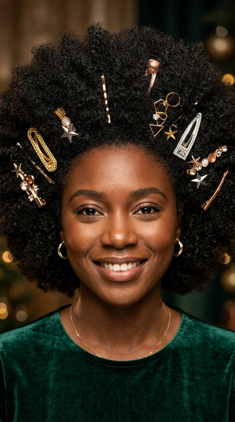 Voluminous Afro with Metallic Clips