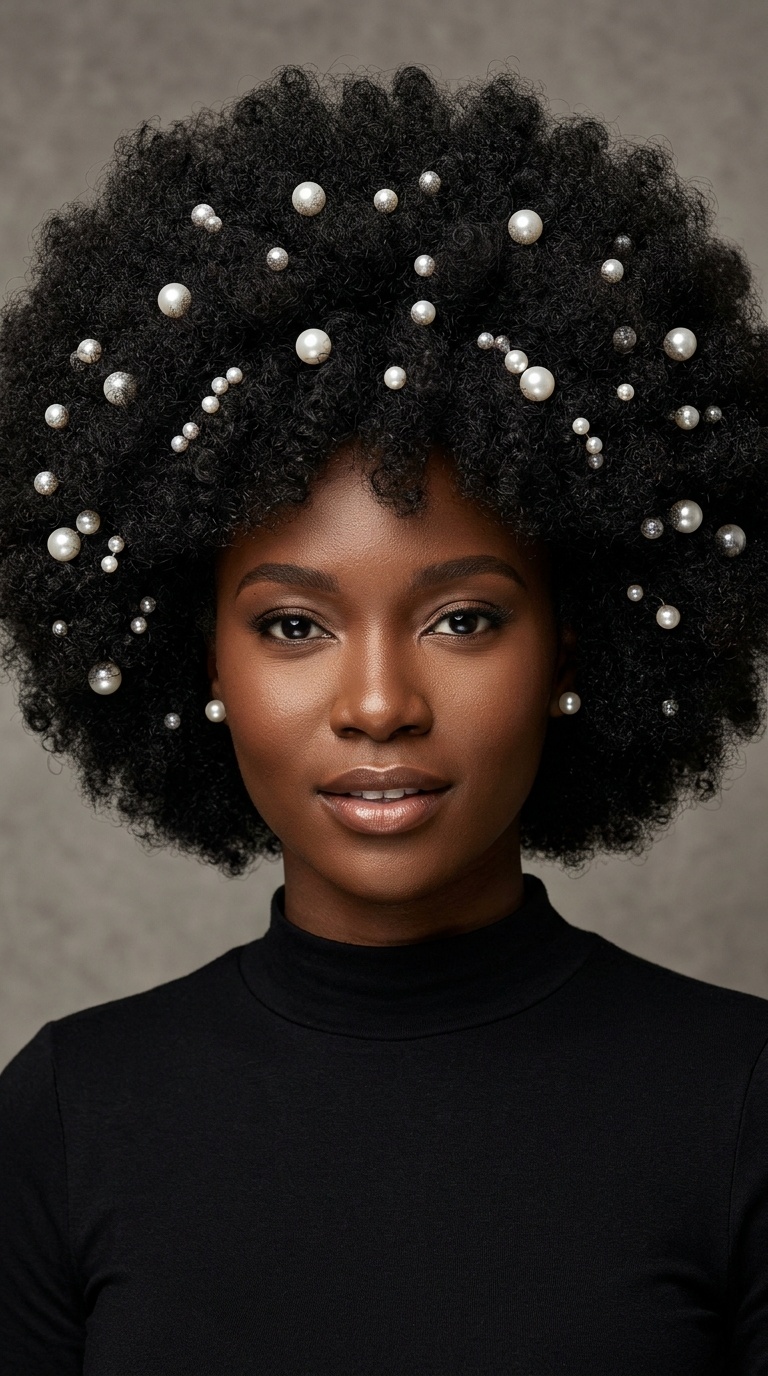 Voluminous Afro with Pearl Embellishments