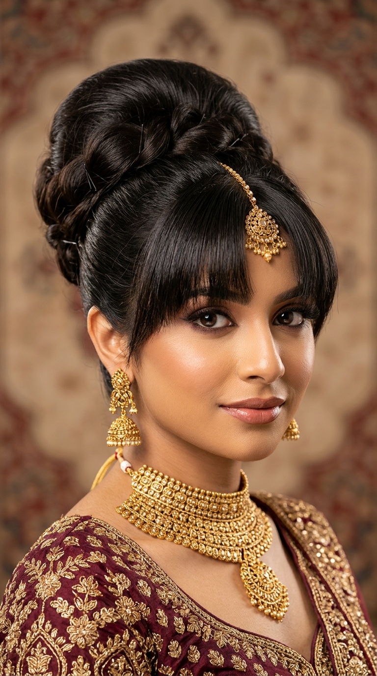 Voluminous Beehive Bun with Front Fringe
