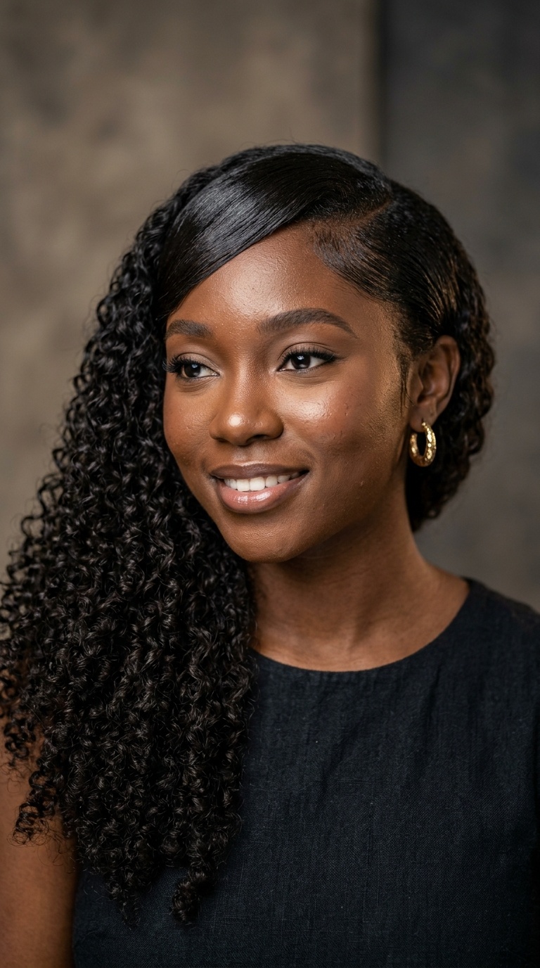 Voluminous Curls with a Pressed Swoop