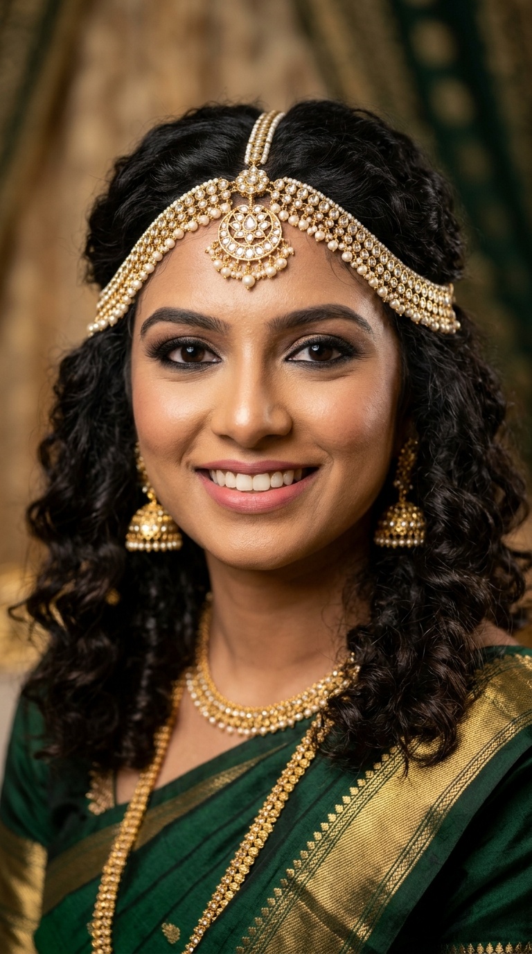 Voluminous Curls with Embellished Matha Patti