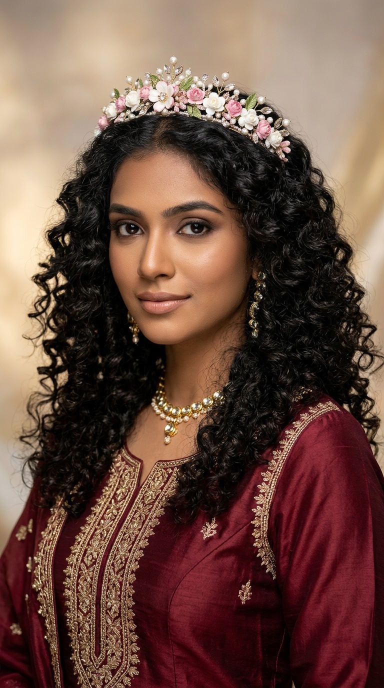 Voluminous Curls with Floral Tiara