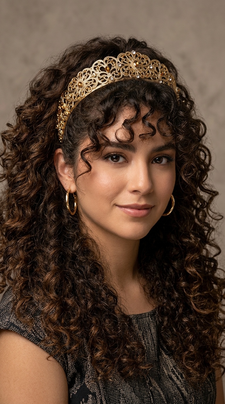 Voluminous Curls with Gold Filigree Headband